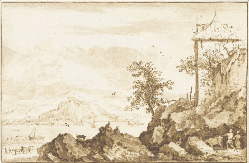 Landscape with in the background the river Rhine, a city wall and two hikers with a cow, print maker: Jurriaan Cootwijck, Dating 1724 - 1798