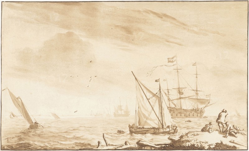 Warship at the beach, Jurriaan Cootwijck, Ludolf Bakhuysen, 1724-1798