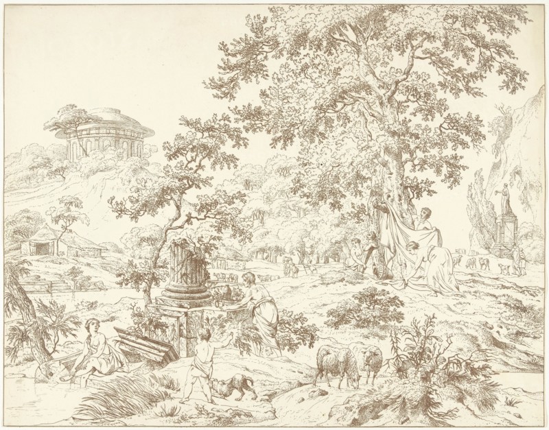 Arcadian landscape with foot bathing woman, Hermanus Fock, 1781 - 1822