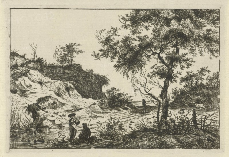 Dune landscape with a large tree, a woman at a pool and a seated man, a man on the track, print maker: Hermanus Fock, Dating 1781 - 1822