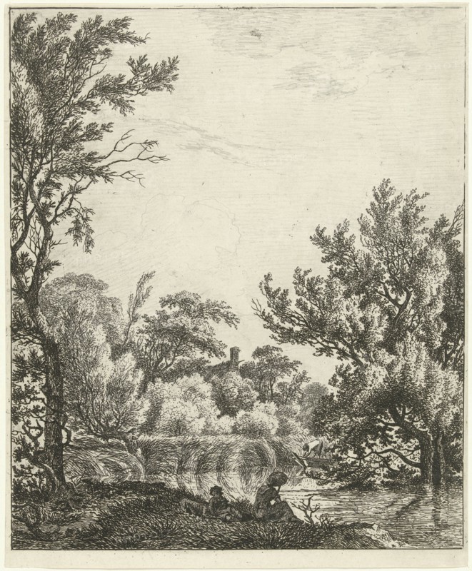 Landscape with woman at waterfront, print maker: Hermanus Fock, 1781 - 1822