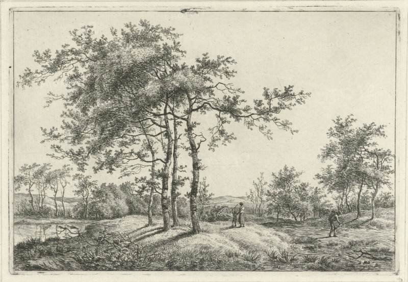 In a landscape with tall trees, a woman and a child in the grass, on the path, a man with a basket on his back, Hermanus Fock, Dating 1781 - 1822