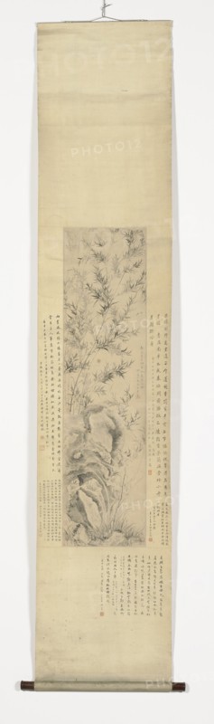 chinese scroll painting with bamboo and orchids on a rock, Ma Shouzhen, 1548 - 1604