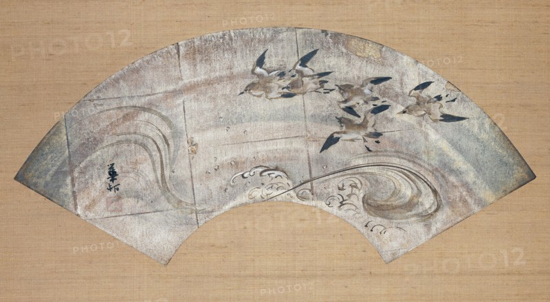 Plovers in flight, Suzuki Kason, scroll painting, a fan painting