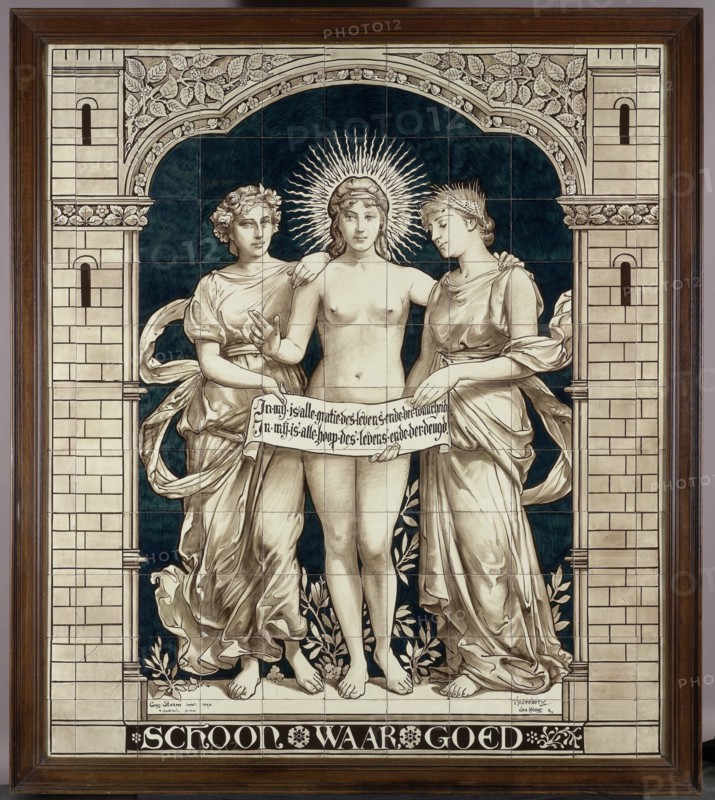 Tile panel with the personifications of the Beautiful, the True and the Good, N.V. Haagsche Plateelfabriek Rozenburg, DaniÃ«l Harkink, Georg Sturm, 1893
