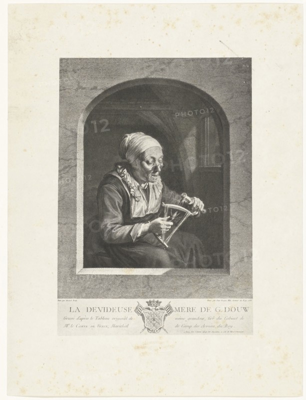 Photographic reproduction of the print La Dévideuse after Gerard Dou by Wille, Maurits Verveer, Johann Georg Wille, Gerard Dou, after 1860 - 1893
