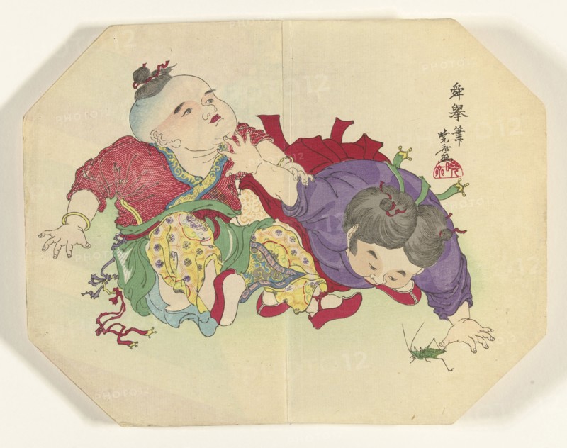 Two children looking at grasshopper, Kawanabe KyÃ´sai, 1880 - 1890