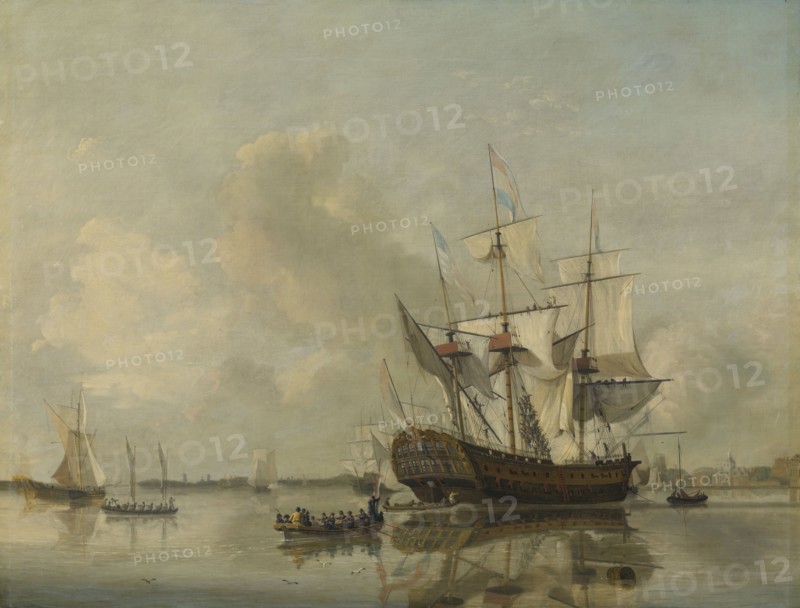 The National Frigate Rotterdam on the Meuse near Rotterdam Still Water, The Netherlands, Nicolaas Baur, 1807