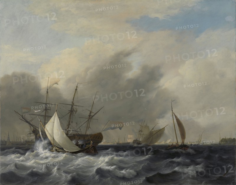 Dutch Man-of-War Amsterdam on the western side of the Quay on Het IJ before Amsterdam, The Netherlands , Nicolaas Baur, 1807