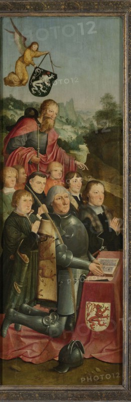 Memorial Panel with Eight Male Portraits, probably Willem Jelysz van Soutelande and Family, with Saint James the Greater and the Van Soutelande Family Crest, inner left wing of an altarpiece, Master of Alkmaar, c. 1515 - c. 1520