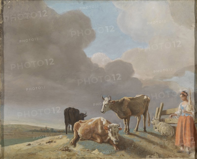 Landscape with cows , sheep and shepherdess, modified copy of a painting of Paulus Potter, the shepherdess copied from a painting by Karel Dujardin, Jean-Etienne Liotard, 1761