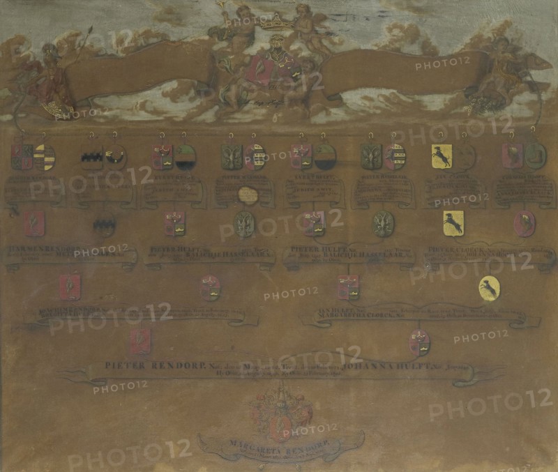 Pedigree with the weapons of the sixteen quarters of Margaretha Rendorp, The Netherlands, Anonymous, 1700 - 1749