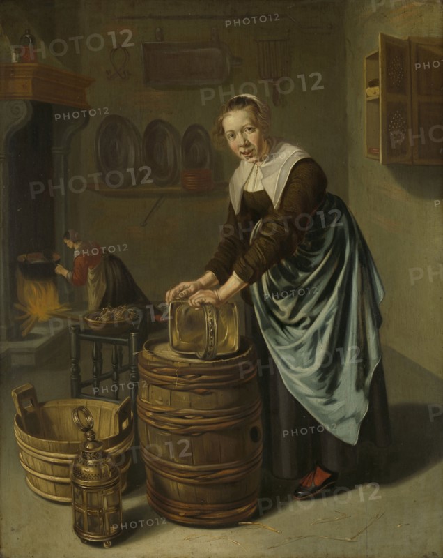 Woman scouring a vessel, Willem van Odekercken, 1631 - 1677