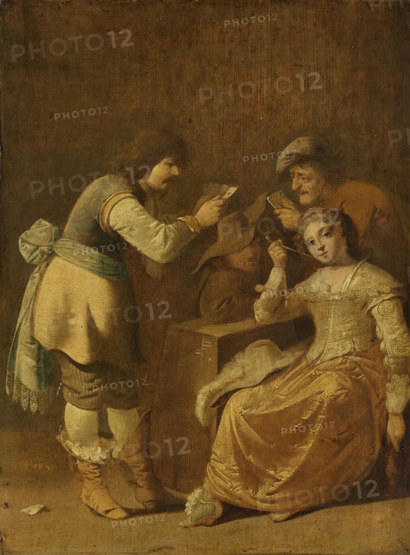 Card players with woman smoking a pipe, Pieter Jansz. Quast, 1630 - 1647