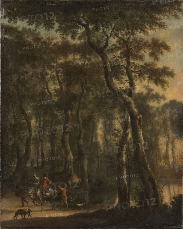 View of a Forest with Hunters, Jan Hackaert, 1660 - 1685