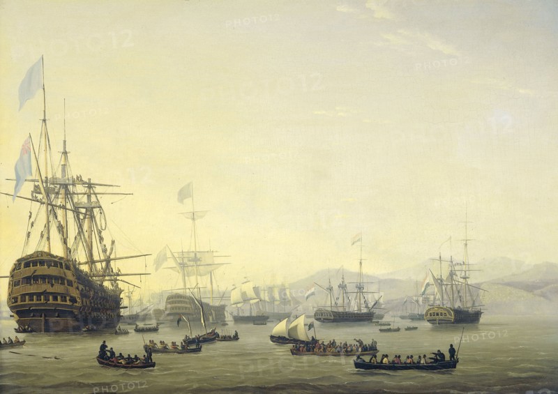 Council of War aboard The Queen Charlotte Held by Lord Exmouth before the Bombardment of Algiers, 26 August 1816, Nicolaas Baur, 1818