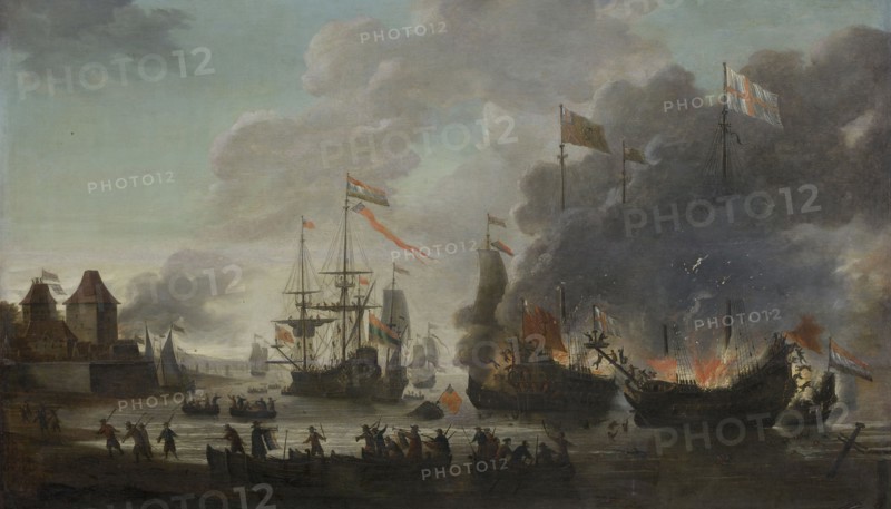 The Dutch Burn English Ships during the Expedition to Chatham, 20 June 1667 (Raid on the Medway, Kent, UK), Jan van Leyden, 1667 - 1669