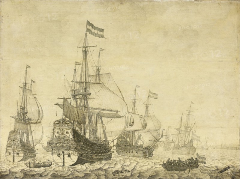 Seascape with the Dutch Men-of-War including the Drenthe and the Prince Frederick-Henry, Willem van de Velde (I), 1630 - 1670