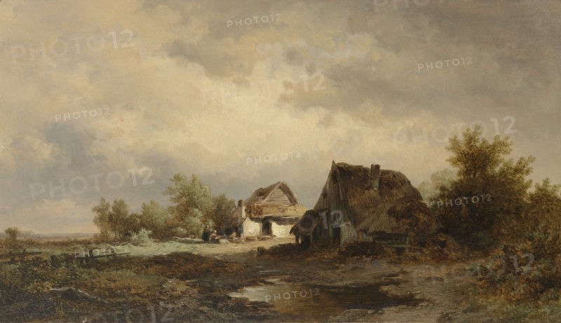 Landscape with cabins on the heath, Remigius Adrianus Haanen, 1830 - 1894