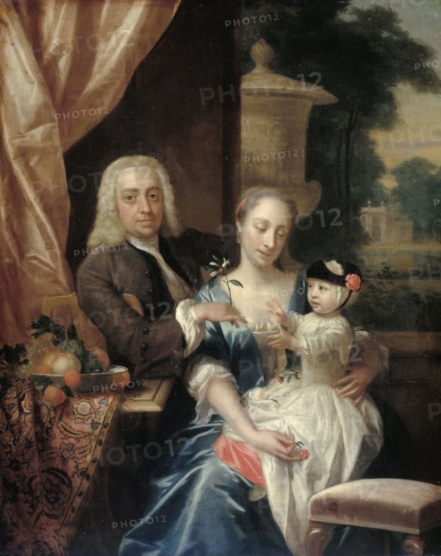 Family Portrait of Isaac Parker, his Wife Justina Johanna Ramskrammer and their young Son Willem Alexander, Philip van Dijk, 1742