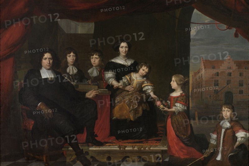 Family Portrait of Reyer Reyersz van der Burch, Clerk of the Generality Ammunition Depots in Delft, with this Wife Geertruid Graswinckel and their Children Frank, Cornelis, Reyer, Maria and Alida, attributed to Cornelis de Man, 1670 - 1680