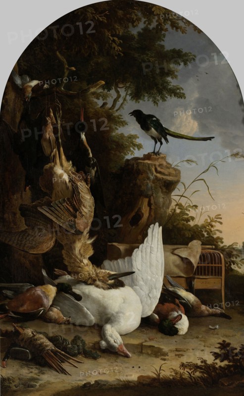 A Hunterâ€ôs Bag near a Tree Stump with a Magpie, Known as â€òThe Contemplative Magpieâ€ô, Melchior d' Hondecoeter, c. 1678