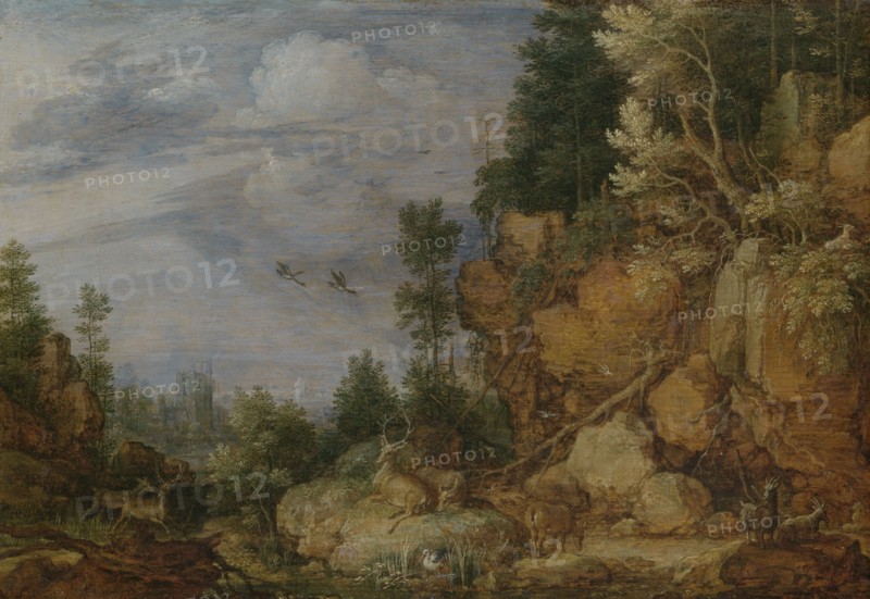 Rocky Landscape with Deer and Goats, Gillis Claesz. de Hondecoeter, 1620