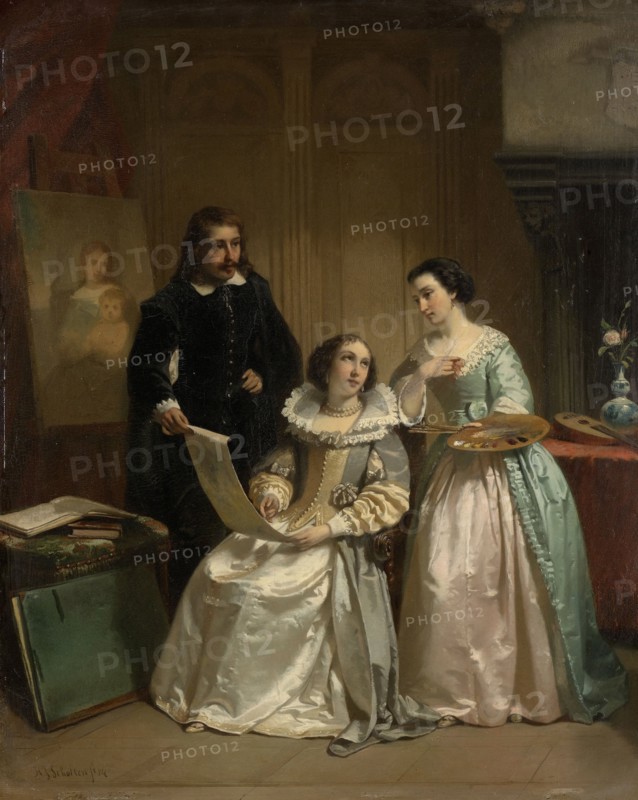 Gerard van Honthorst Shows Amalia van Solms the Drawings by his Pupil Louise of Bohemia, Hendrik Jacobus Scholten, 1854
