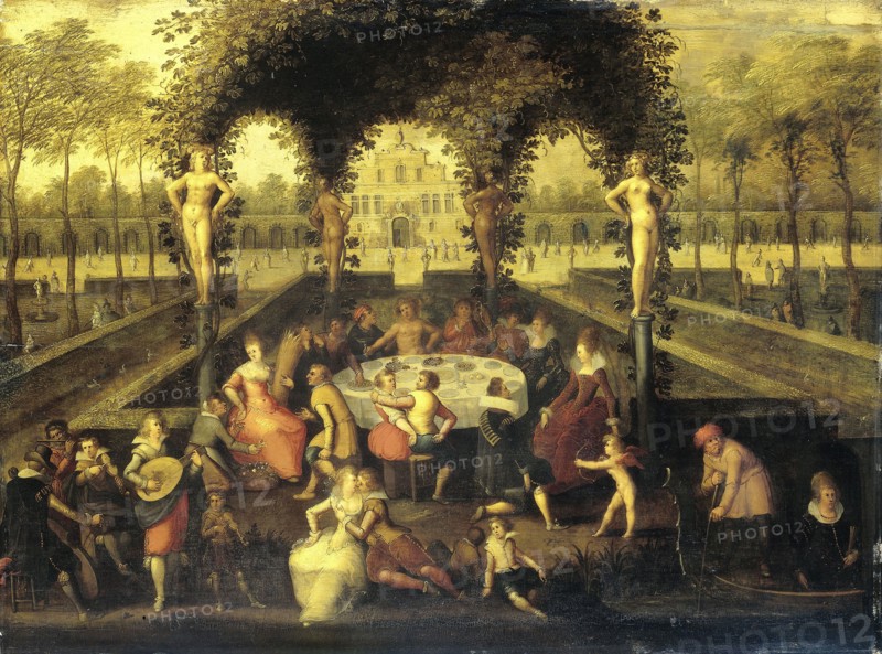 Venus, Bacchus and Ceres with Mortals in a Love Garden (Elegant Companionship under a Garden Bower), Louis de Caullery, 1590 - 1621
