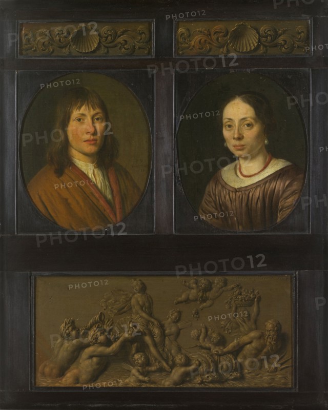 Portraits of a Man and a Woman framed with two ornamental frieze miniatures with shell motif and a Triumph of Amphitrite, Pieter Cornelisz. van Slingelandt, Willem van Mieris, 1678 - 1705