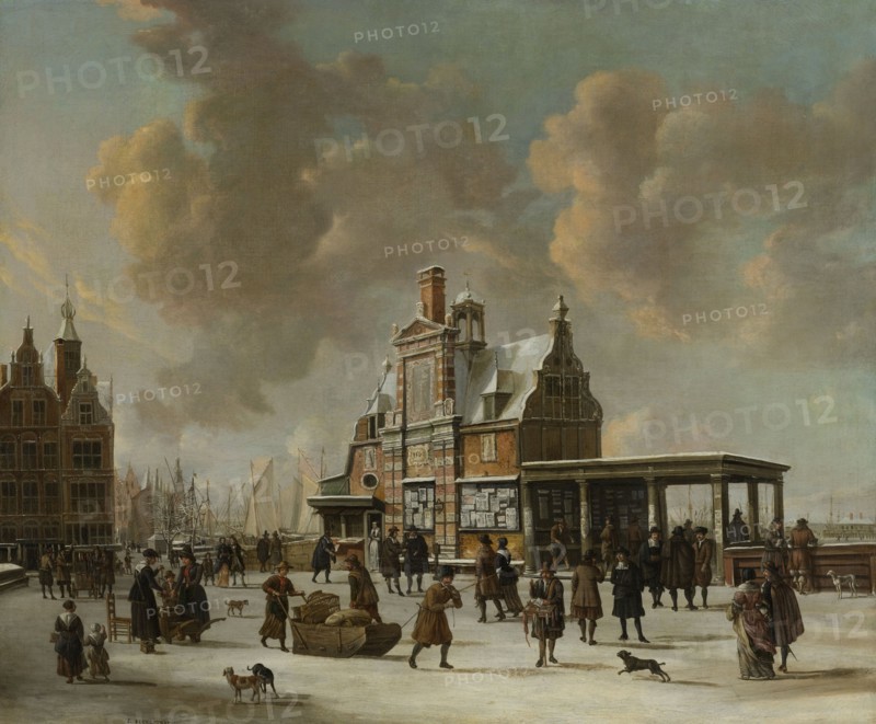 The Paalhuis and the New Bridge in Amsterdam The Netherlands in Winter, Jan Abrahamsz. Beerstraten, 1640 - 1666