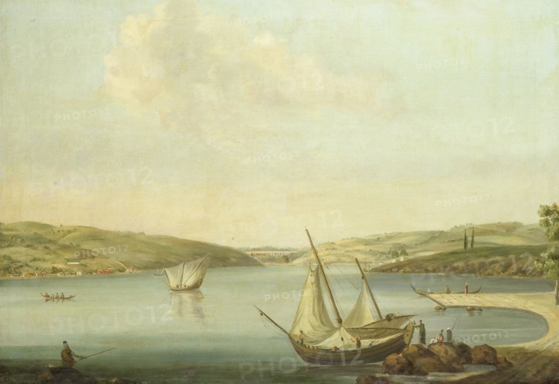 View of the Bosporus, taken from the Height of Beykoz to the northwest, with the Aqueduct of Justinian in the background, Antoine van der Steen, c. 1770 - 1780