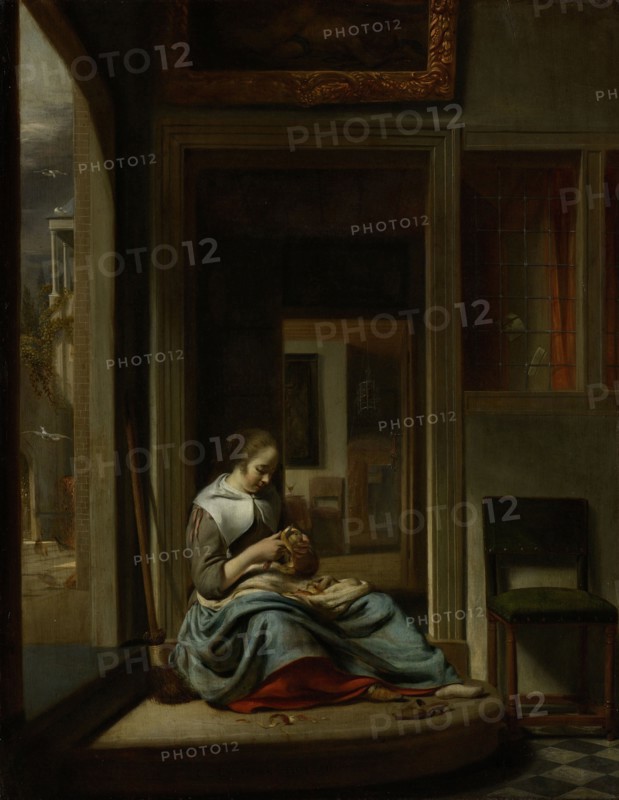 Girl Peeling an Apple, Cornelis Bisschop, 1667