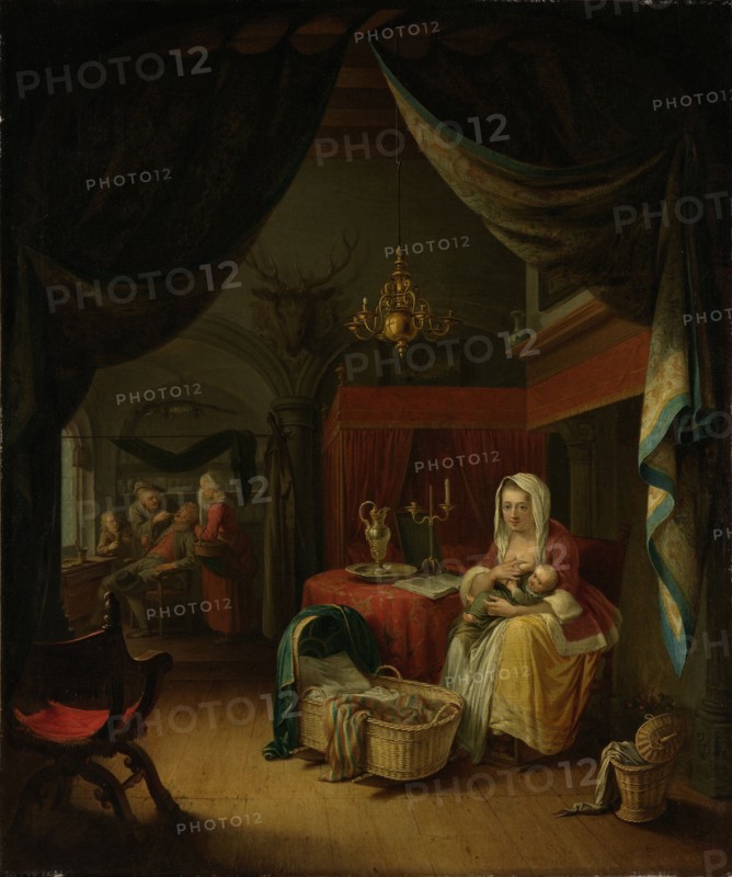 Triptych with an Allegory of Art Education, central panel, The Lying-in Room (A Mother Nursing her Child), a Dentist in the background, Willem Joseph Laquy, c. 1770