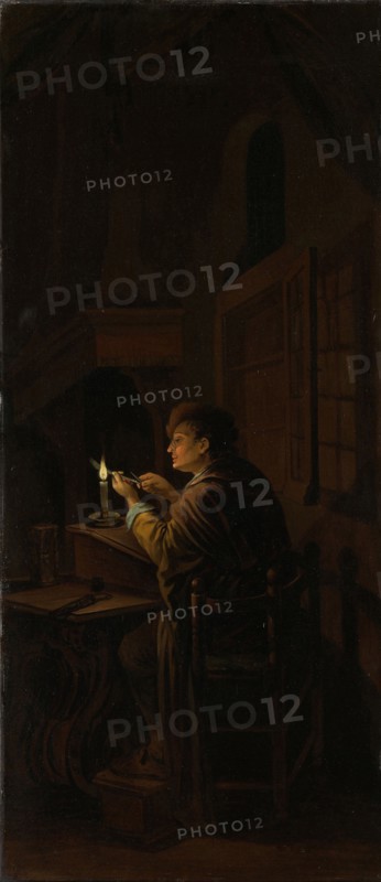 Triptych with an Allegory of Art Education, right panel, Schoolmaster Mending his Pen, Willem Joseph Laquy, c. 1770