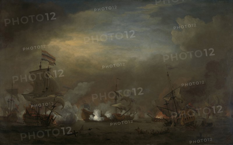 Nocturnal Sea Battle between Cornelis Tromp on the Gouden Leeuw and Sir Edward Spragg on the Royal Prince during the Battle at Kijkduin (Battle of Texel), 21 August 1673: episode from the Third Anglo-Dutch War, Willem van de Velde (II), 1673 - 1707