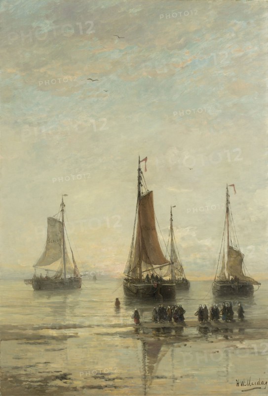 Scheveningse bommen anchored, Hendrik Willem Mesdag, 1860 - 1889, fishing boats