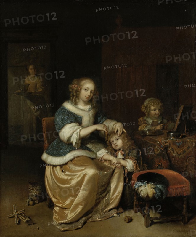 Interior with a Mother Combing her Childâ€ôs Hair, Known as â€òMaternal Careâ€ô, Caspar Netscher, 1669