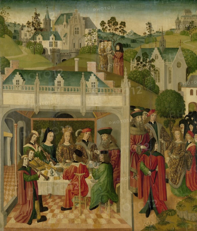 Wedding Feast of Saint Elizabeth of Hungary and Louis of Thuringia in the Wartburg, inner left wing of an altarpiece made for the Grote Kerk in Dordrecht, Master of the St Elizabeth Panels, c. 1490 - c. 1495
