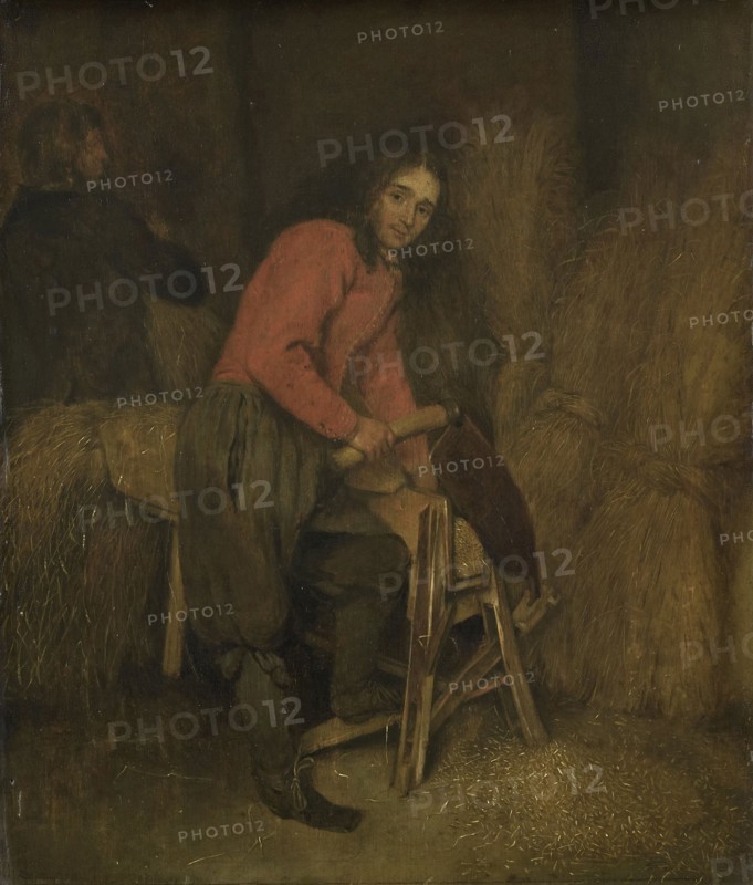 Trimming bales of hay, attributed to Caspar Netscher, 1660 - 1684