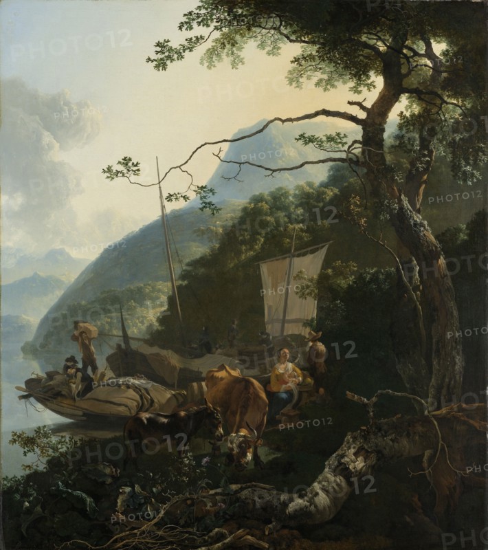 Boatmen Moored on the Shore of an Italian Lake Italy, Adam Pijnacker, 1650 - 1670