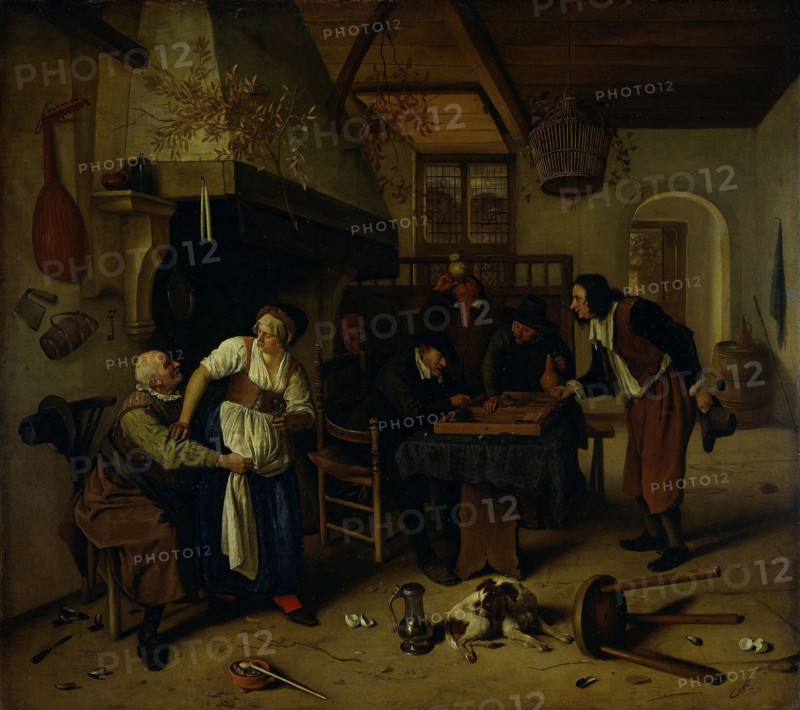 Interior of an inn with an old man amusing himself with the landlady and two men playing backgammon, known as 'Two kinds of games', Jan Havicksz. Steen, 1660 - 1679