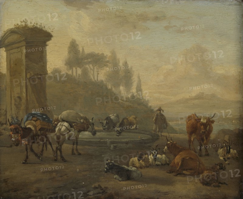 Livestock by a Fountain, Willem Romeyn, 1650 - 1694