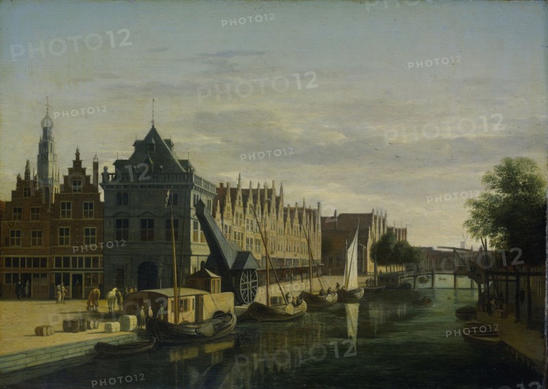 The Weigh House and the Crane on the Spaarne in Harlem, Gerrit Adriaensz. Berckheyde, 1660 - 1698