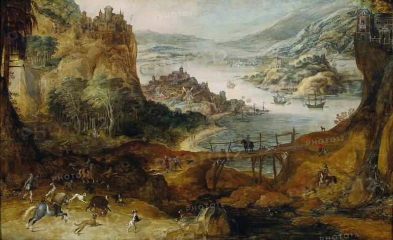 River Landscape with Boar Hunt, Joos de Momper (II), c. 1590 - c. 1635