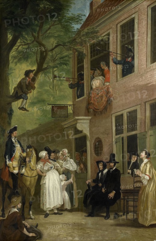 Misled, The Ambassador of the Rascals Exposes himself from the Window of 't Bokki Tavern in the Haarlemmerhout, Cornelis Troost, c. 1720 - c. 1750