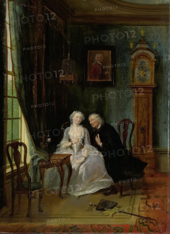 Unseemly Love, perhaps a scene of the Widower Joost with Lucia, 2nd scene from the play De wanhebbelijke liefde by CJ van der Lijn , Cornelis Troost, 1720 - 1750