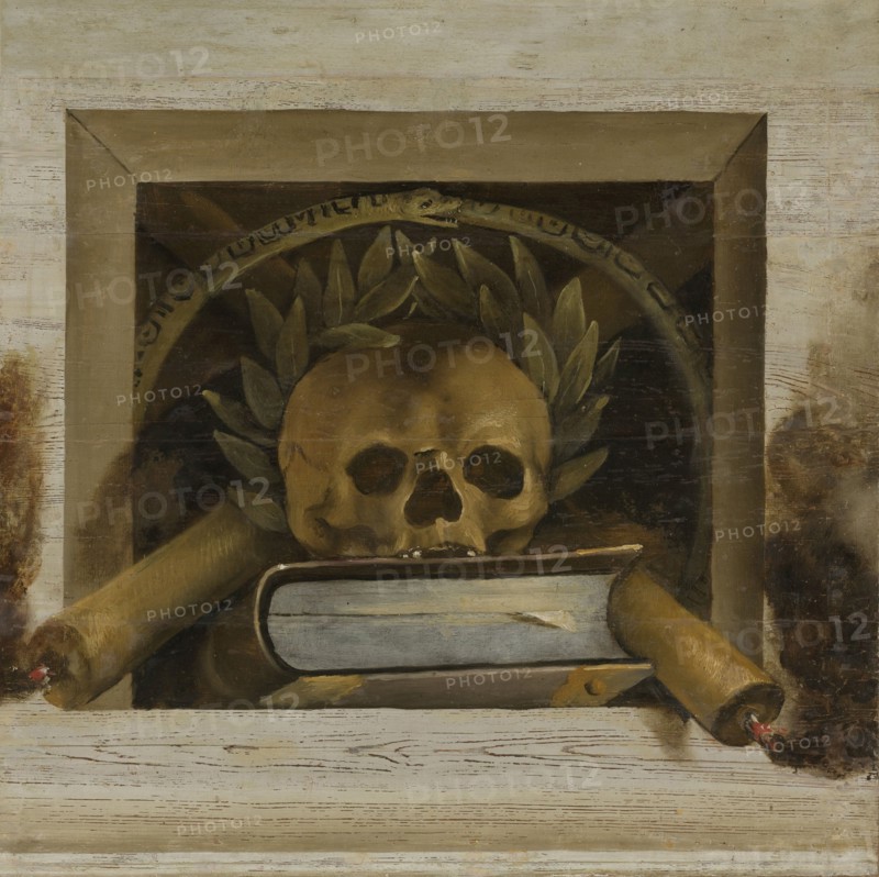 Vanitas Still Life with Scull with Laurel Wreath and two Burning Candles, Jacob van Campen, 1645 - 1650