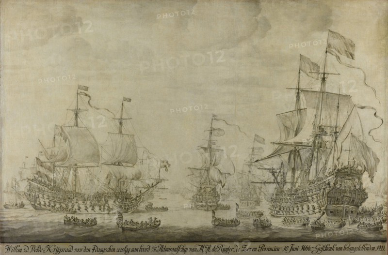 Council of War aboard The Seven Provinces, the Flagship of Michiel Adriaensz de Ruyter, 10 June 1666, preceding the Four Days' Battle, Willem van de Velde, I, 1666 - 1693