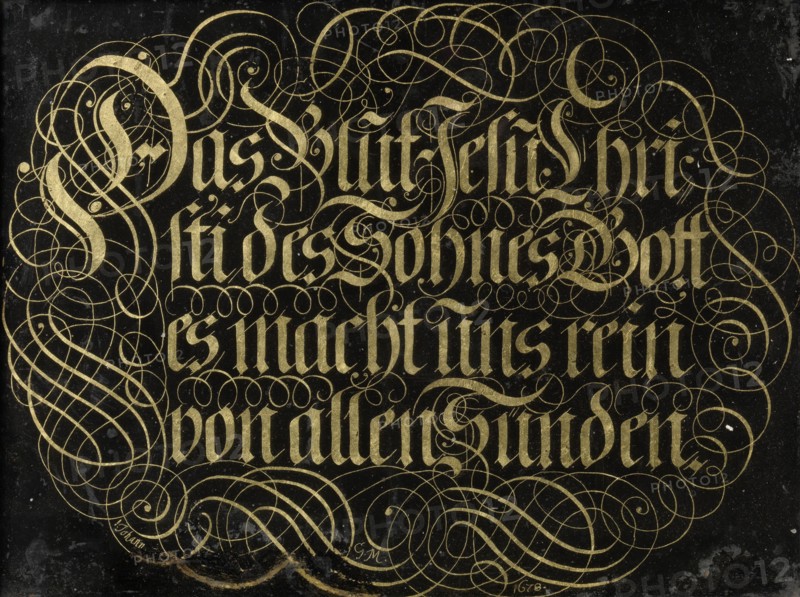 Behind-Glass Painting with Calligraphed Saying: The Blood of Jesus Christ the Son of God Purifies us from all Sin, Johann G. M, 1678